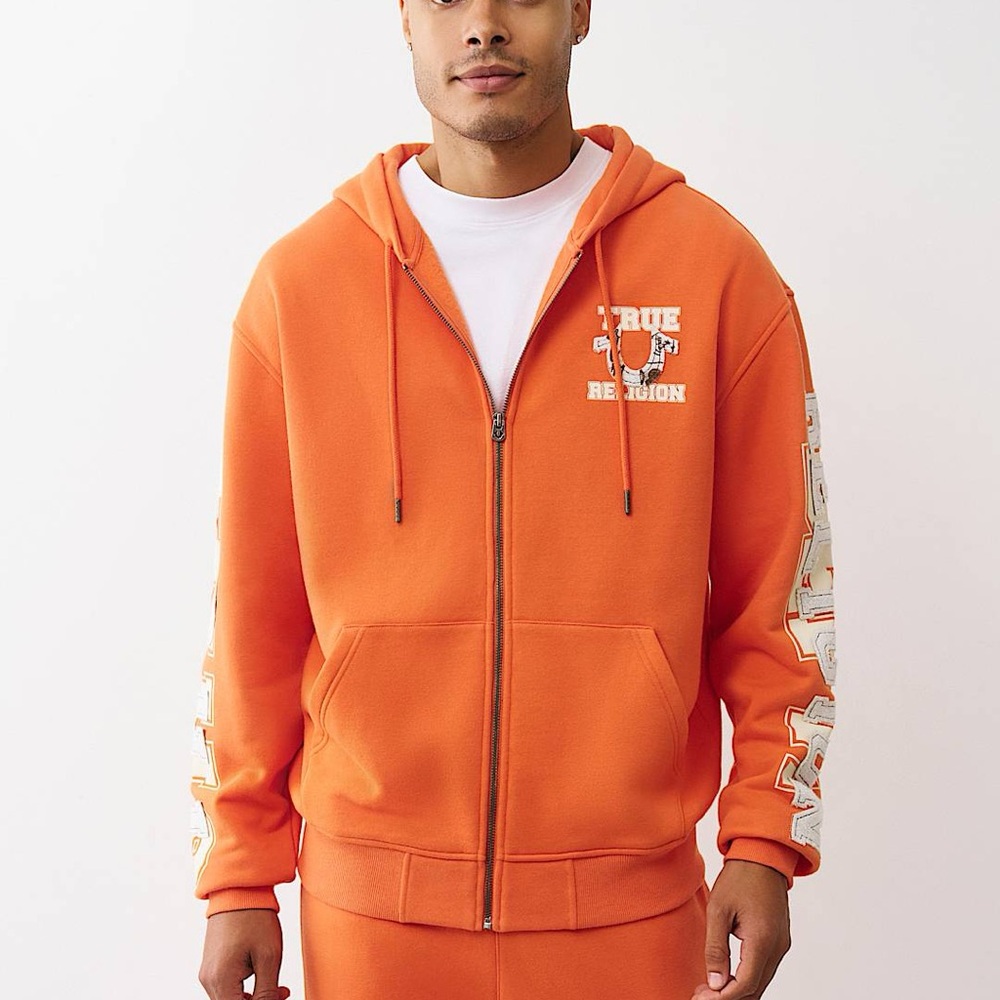 NWT True Religion Men's Terry Appique Orange Zip-Up Hoodie Sweater